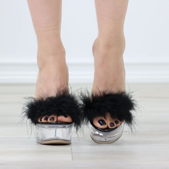 Clear Platform Heels Black Pom Pom - Picture 9 of 12